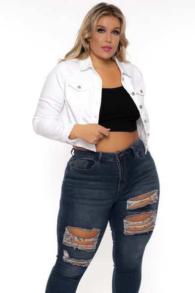 Plus Size Basic Denim Jacket - White